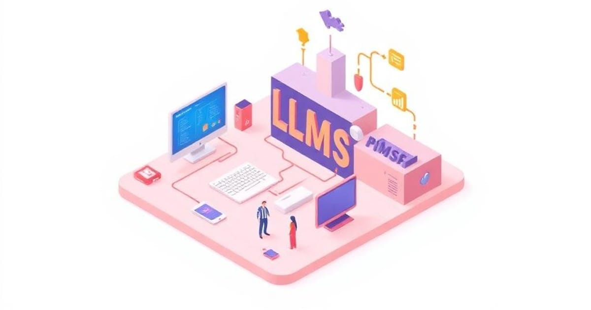 Ilustración conceptual de un archivo de texto LLMS.txt conectado a un robot de inteligencia artificial y un motor de búsqueda de Google.
