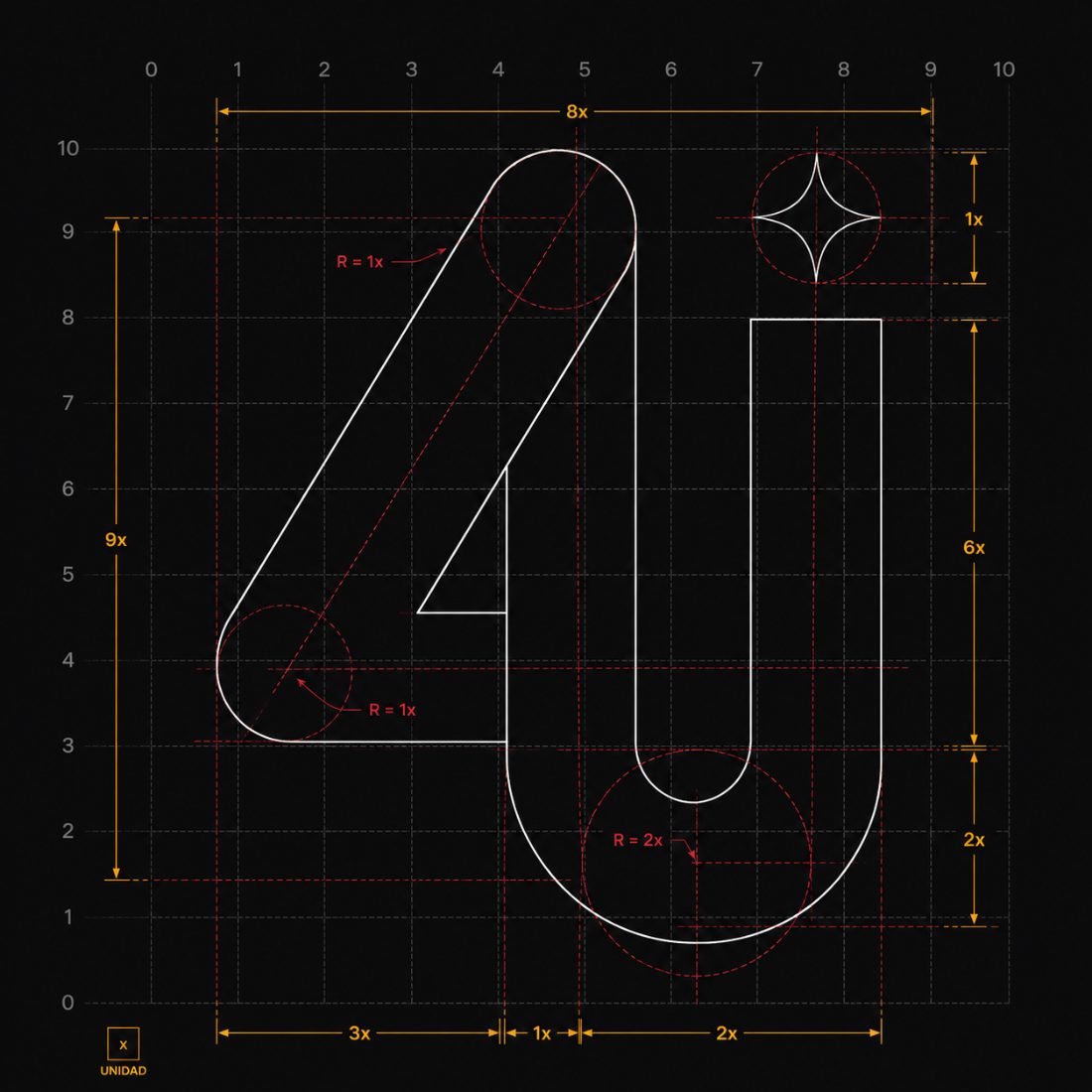Construcción del monograma 4U en grid 10×10